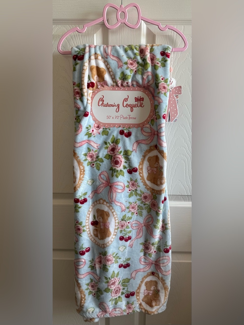 Coquette Plush Throw Blanket Blue with Pink Roses & Teddy Motif Charming new
